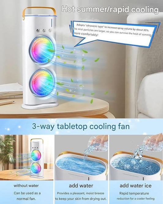 Double Ended Spray Fan, Cold Air, 3 Gears USB Rechargeable Oscillating fan with LED Light Cooler, Touch & Remote Control, 280ml Water Tank, Ice Filling Fan (White) 