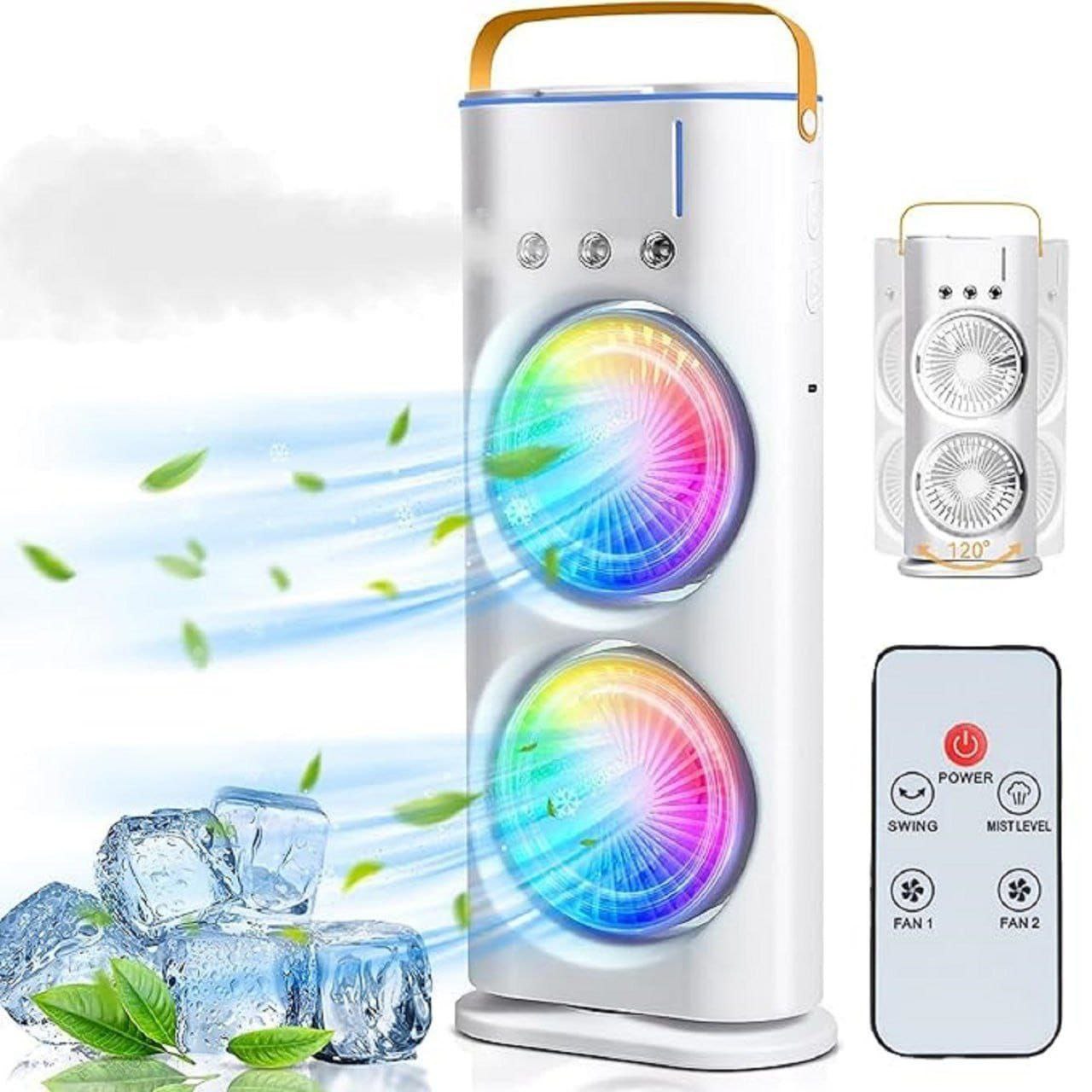 Double Ended Spray Fan, Cold Air, 3 Gears USB Rechargeable Oscillating fan with LED Light Cooler, Touch & Remote Control, 280ml Water Tank, Ice Filling Fan (White) 
